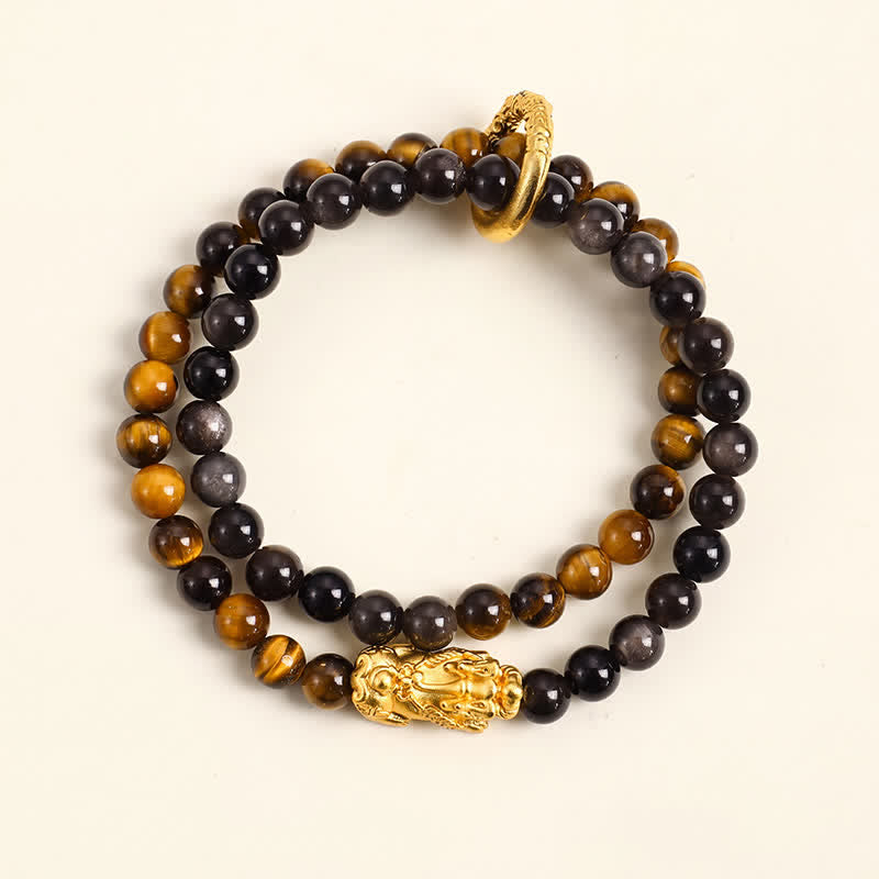 Buddha Stones タイガーアイシルバーシーンオブシディアン貔貅（ひきゅう）ダブルラップ縁起ブレスレット - タイガーアイゴールド貔貅 - image 2