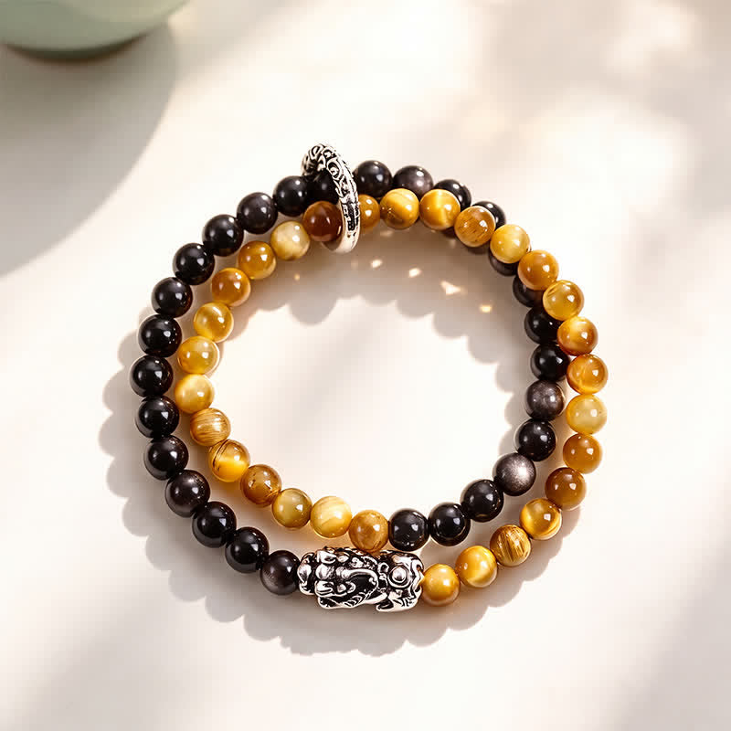 Buddha Stones タイガーアイシルバーシーンオブシディアン貔貅（ひきゅう）ダブルラップ縁起ブレスレット - イエロータイガーアイシルバーピシュウ - image 3