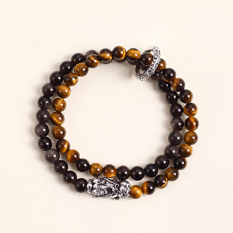 Buddha Stones タイガーアイシルバーシーンオブシディアン貔貅（ひきゅう）ダブルラップ縁起ブレスレット - タイガーアイシルバー貔貅 - image 4