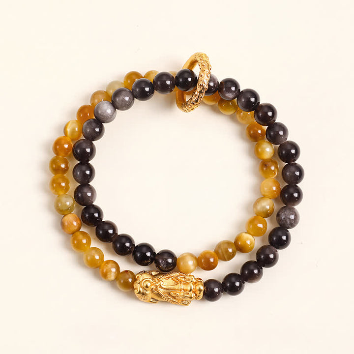 Buddha Stones タイガーアイシルバーシーンオブシディアン貔貅（ひきゅう）ダブルラップ縁起ブレスレット - image 1