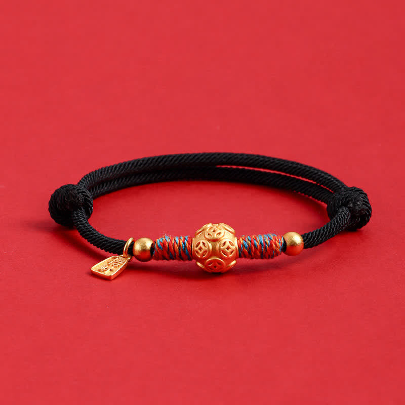 Buddha Stones 999スターリングシルバー製、赤い赤紐で結ばれた保護機能付き手織りブレスレット - 金色の中国コインと黒い紐 - image 16