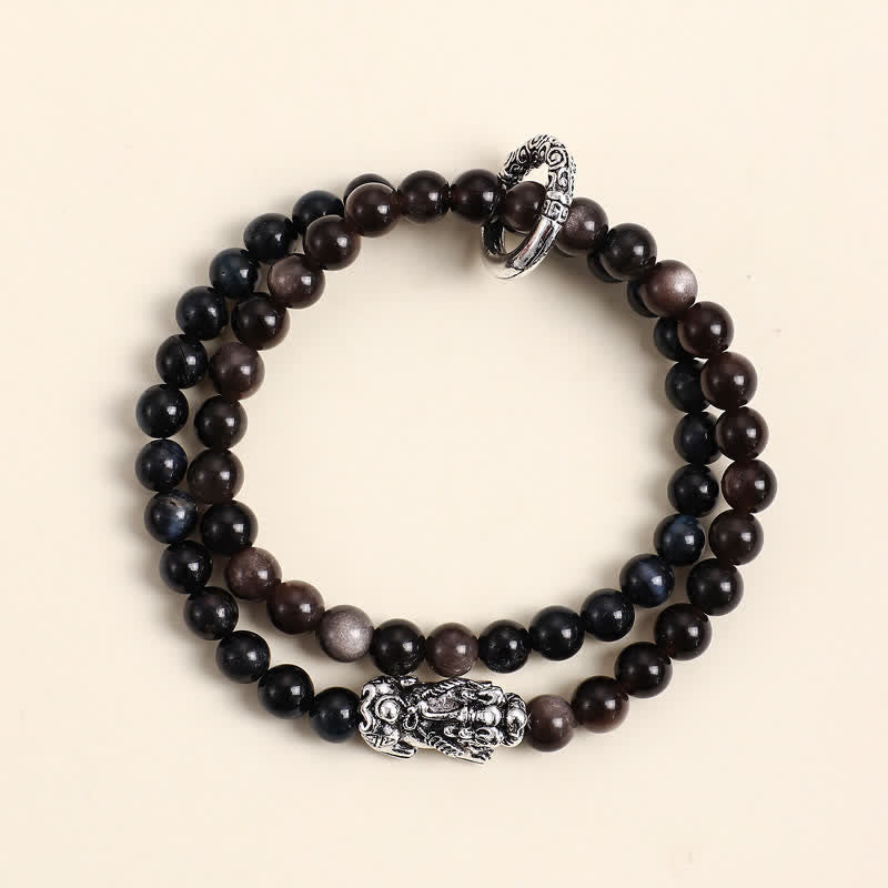 Buddha Stones タイガーアイシルバーシーンオブシディアン貔貅（ひきゅう）ダブルラップ縁起ブレスレット - ブルータイガーアイシルバーピシュウ - image 9