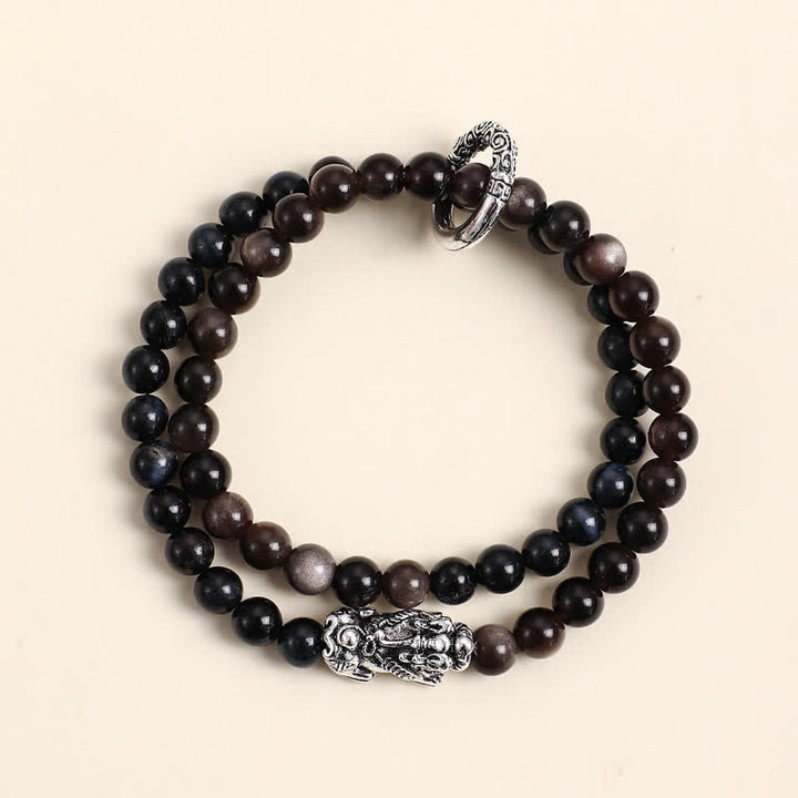 Buddha Stones タイガーアイシルバーシーンオブシディアン貔貅（ひきゅう）ダブルラップ縁起ブレスレット - ブルータイガーアイシルバーピシュウ - image 9