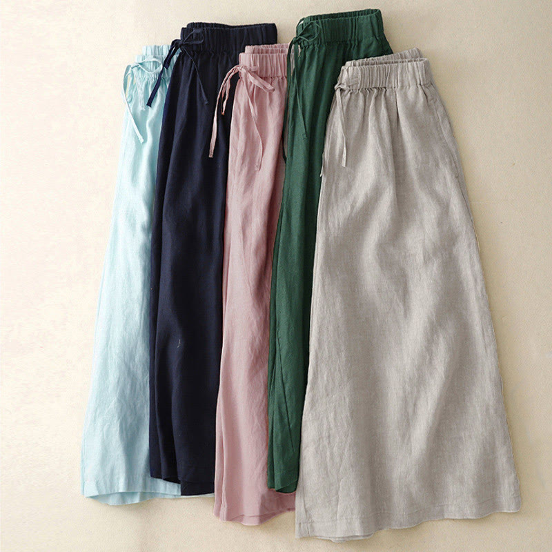 Buddha Stonesサマー エラスティックウエスト レディース カプリ丈 クロップド ワイドレッグパンツ ポケット付き - image 1
