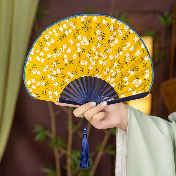 Buddha Stones 竹と花と果物のプリント柄タッセル付き折りたたみ扇子 - 白い花（タッセル付き） - image 11