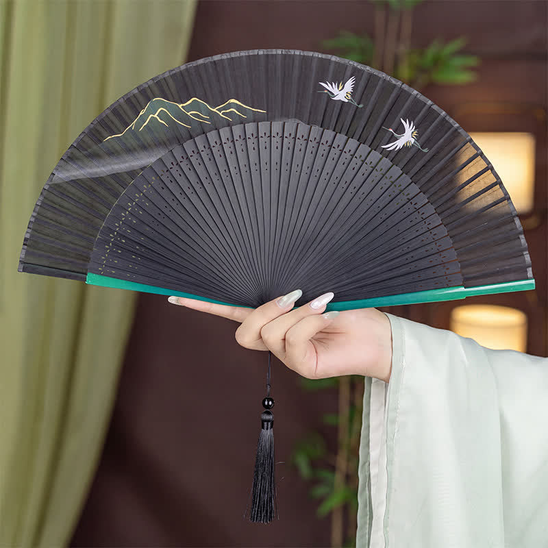 Buddha Stones 竹製の山鶴をモチーフにした優美な折りたたみ扇子 - グリーンハンドルマウンテン - image 1