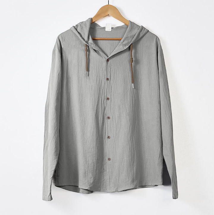 Buddha Stones無地長袖フード付きドローストリングボタンメンズシャツ - ダークグレー - US/UK/AU44、 EU54 (3XL) - image 10