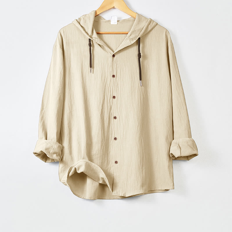 Buddha Stones無地長袖フード付きドローストリングボタンメンズシャツ - ベージュ - US/UK/AU44、 EU54 (3XL) - image 14