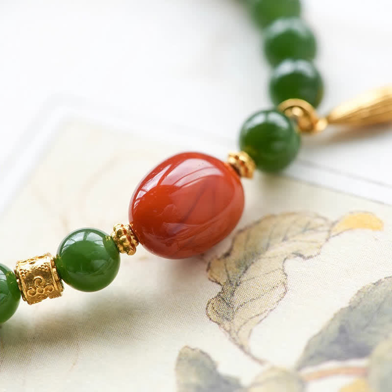 Buddha Stones ほうれん草グリーンの和田翡翠と赤瑪瑙の幸運ブレスレット - image 12