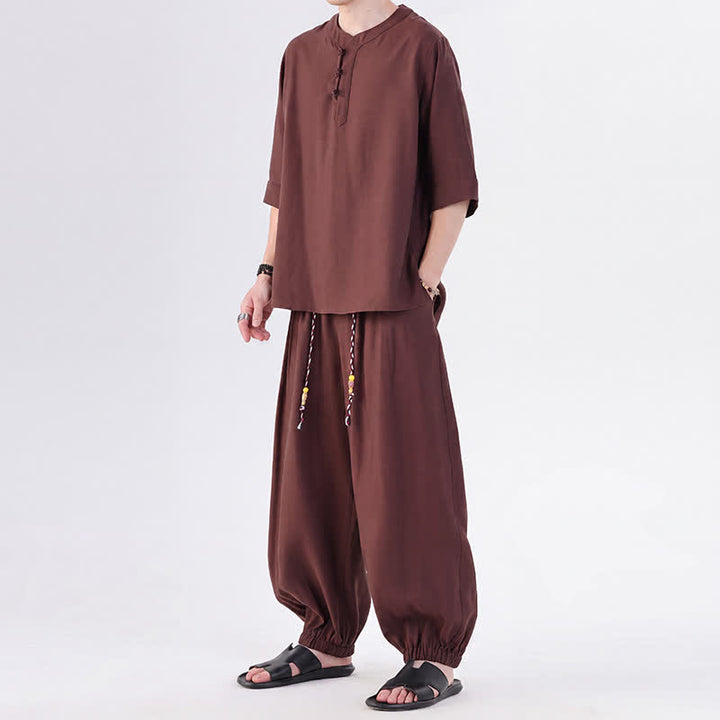 Buddha Stones 春夏 唐風 カエルボタン 無地 肘丈袖シャツ パンツ メンズ 瞑想服 ポケット付き - image 38