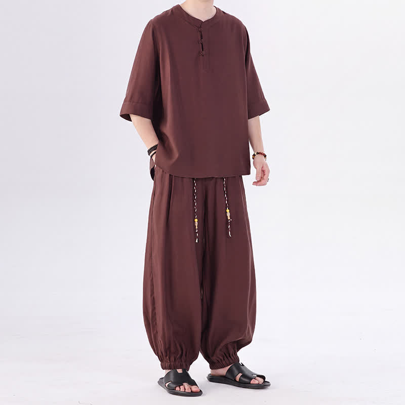Buddha Stones 春夏 唐風 カエルボタン 無地 肘丈袖シャツ パンツ メンズ 瞑想服 ポケット付き - image 39