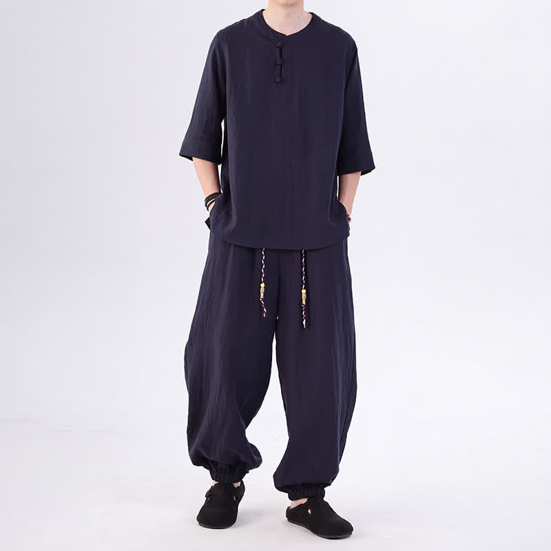 Buddha Stones 春夏 唐風 カエルボタン 無地 肘丈袖シャツ パンツ メンズ 瞑想服 ポケット付き - ミッドナイトブルー - US/UK/AU46、 EU56 (5XL) - image 40