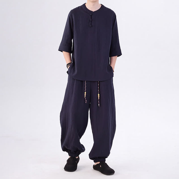 Buddha Stones 春夏 唐風 カエルボタン 無地 肘丈袖シャツ パンツ メンズ 瞑想服 ポケット付き - ミッドナイトブルー - US/UK/AU46、 EU56 (5XL) - image 40