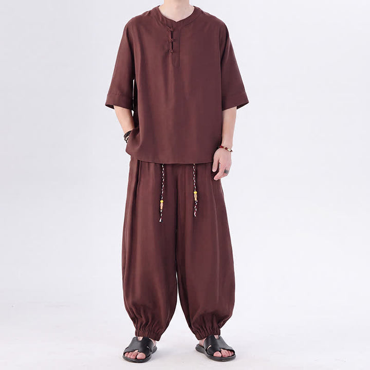 Buddha Stones 春夏 唐風 カエルボタン 無地 肘丈袖シャツ パンツ メンズ 瞑想服 ポケット付き - image 36