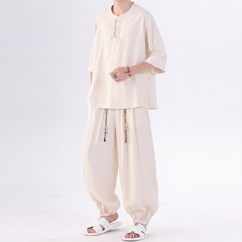 Buddha Stones 春夏 唐風 カエルボタン 無地 肘丈袖シャツ パンツ メンズ 瞑想服 ポケット付き - image 3