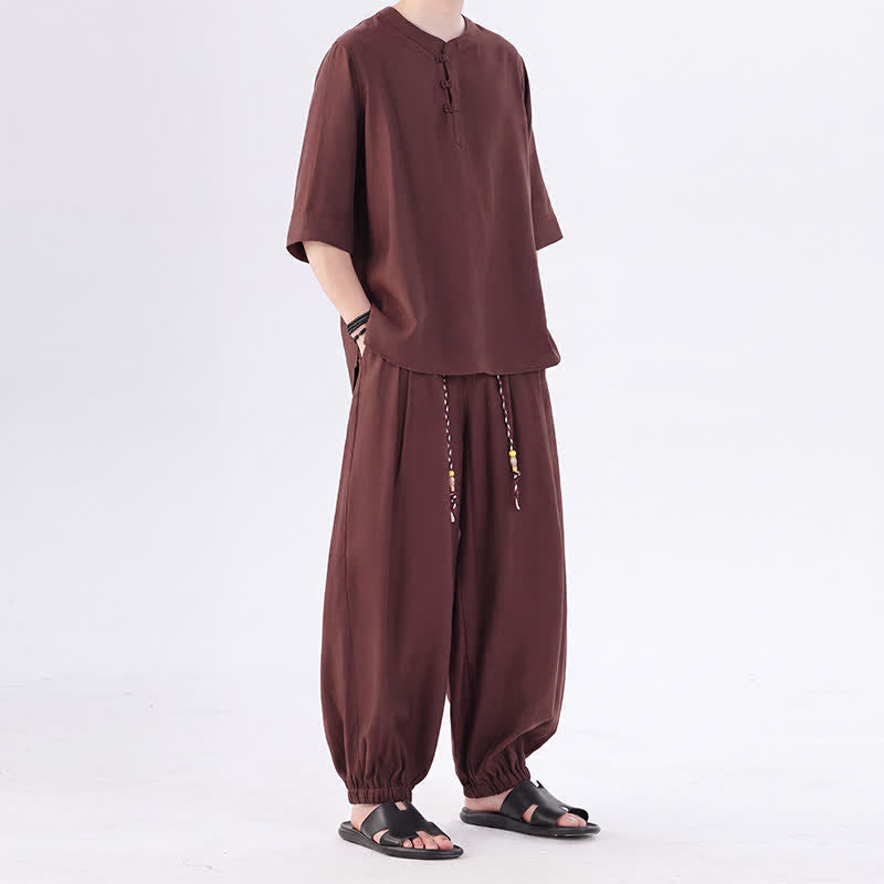 Buddha Stones 春夏 唐風 カエルボタン 無地 肘丈袖シャツ パンツ メンズ 瞑想服 ポケット付き - image 37