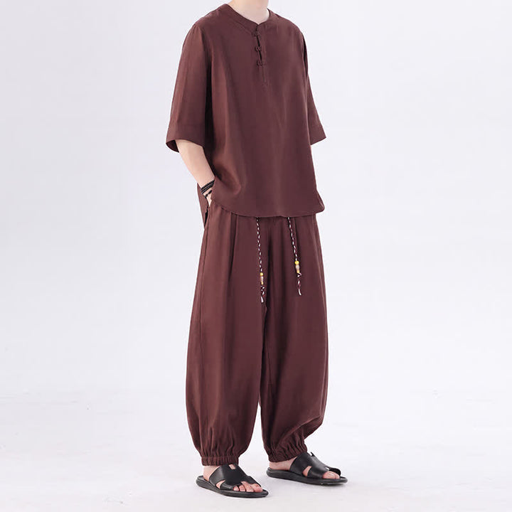 Buddha Stones 春夏 唐風 カエルボタン 無地 肘丈袖シャツ パンツ メンズ 瞑想服 ポケット付き - image 37