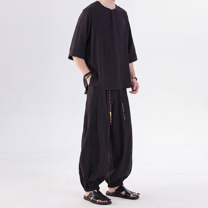 Buddha Stones 春夏 唐風 カエルボタン 無地 肘丈袖シャツ パンツ メンズ 瞑想服 ポケット付き - image 29