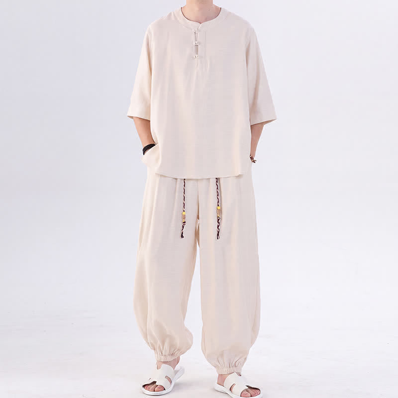 Buddha Stones 春夏 唐風 カエルボタン 無地 肘丈袖シャツ パンツ メンズ 瞑想服 ポケット付き - image 4