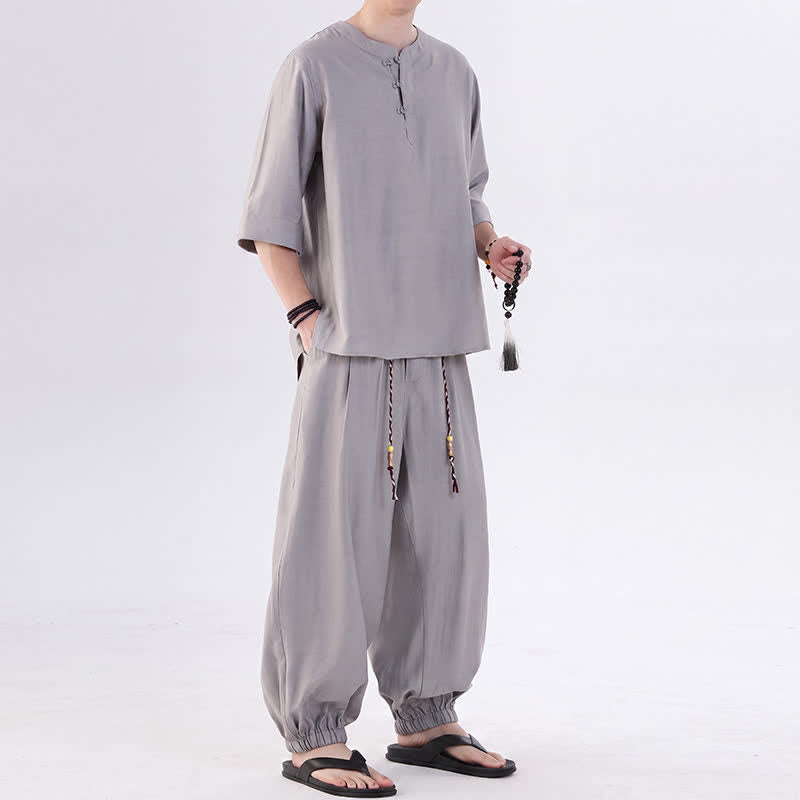 Buddha Stones 春夏 唐風 カエルボタン 無地 肘丈袖シャツ パンツ メンズ 瞑想服 ポケット付き - image 13