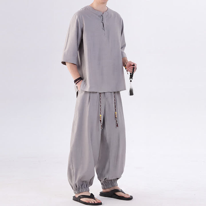 Buddha Stones 春夏 唐風 カエルボタン 無地 肘丈袖シャツ パンツ メンズ 瞑想服 ポケット付き - image 13