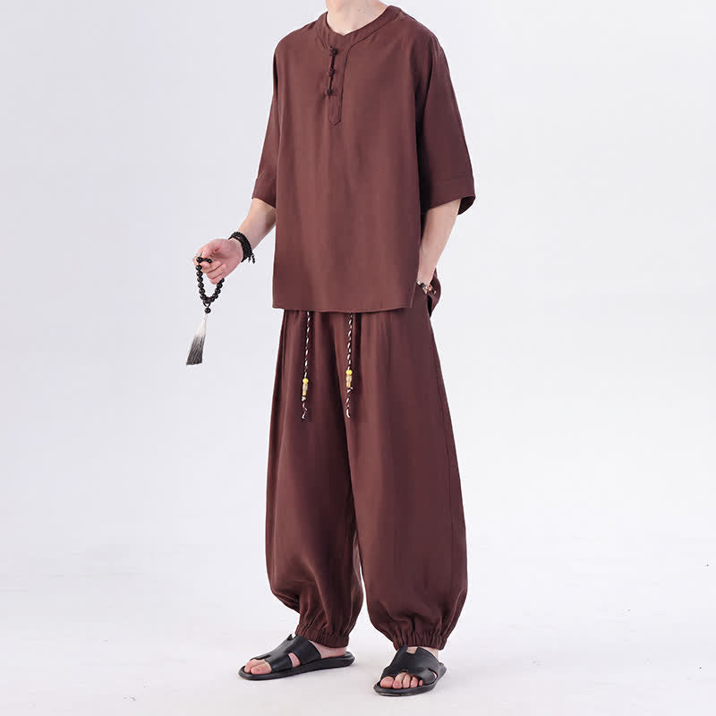 Buddha Stones 春夏 唐風 カエルボタン 無地 肘丈袖シャツ パンツ メンズ 瞑想服 ポケット付き - image 35