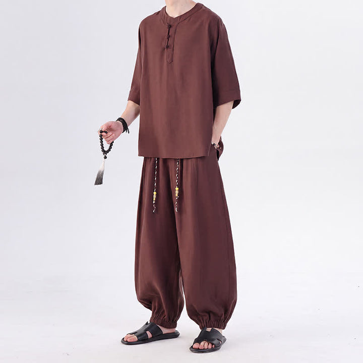 Buddha Stones 春夏 唐風 カエルボタン 無地 肘丈袖シャツ パンツ メンズ 瞑想服 ポケット付き - image 35