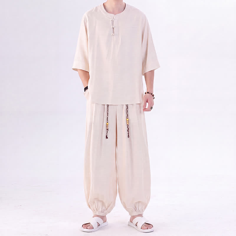 Buddha Stones 春夏 唐風 カエルボタン 無地 肘丈袖シャツ パンツ メンズ 瞑想服 ポケット付き - image 1