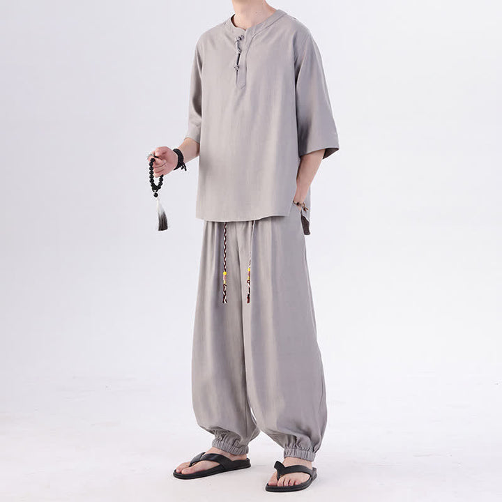 Buddha Stones 春夏 唐風 カエルボタン 無地 肘丈袖シャツ パンツ メンズ 瞑想服 ポケット付き - image 14