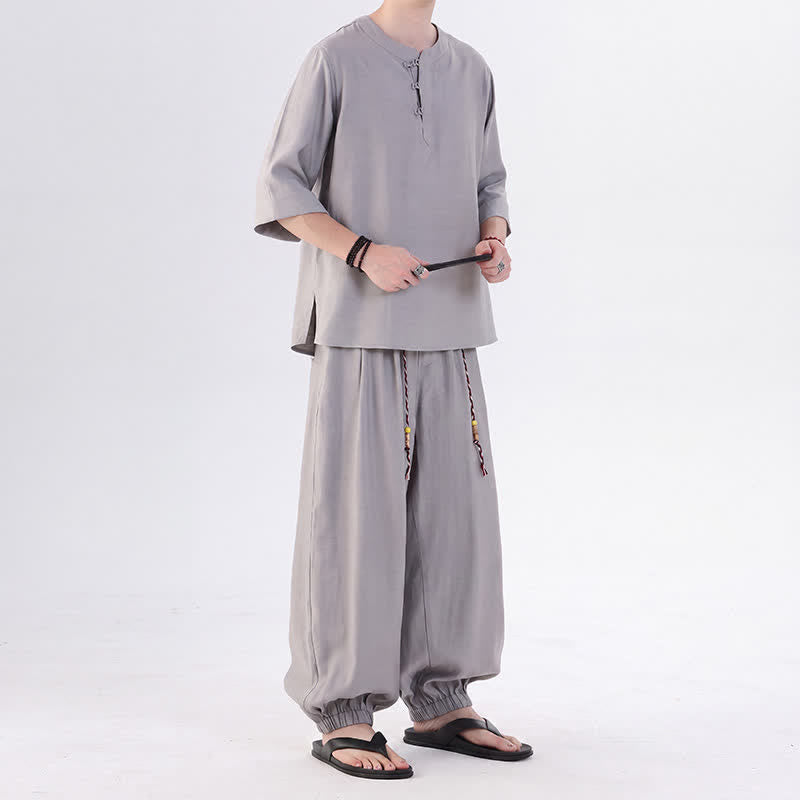 Buddha Stones 春夏 唐風 カエルボタン 無地 肘丈袖シャツ パンツ メンズ 瞑想服 ポケット付き - image 18