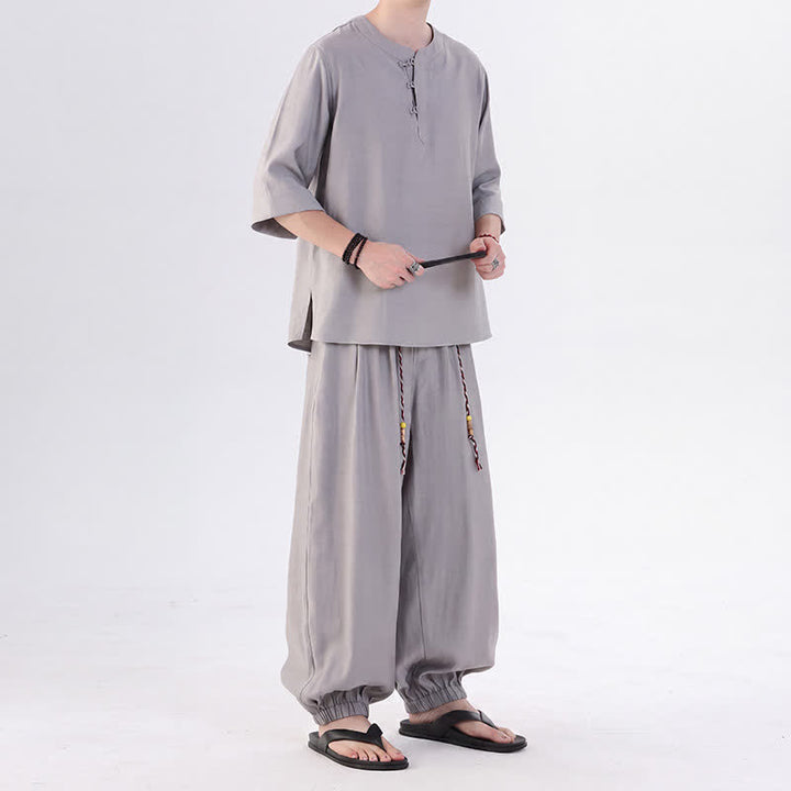 Buddha Stones 春夏 唐風 カエルボタン 無地 肘丈袖シャツ パンツ メンズ 瞑想服 ポケット付き - image 18
