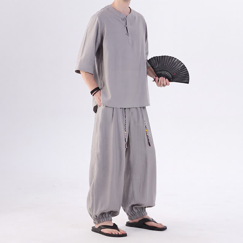 Buddha Stones 春夏 唐風 カエルボタン 無地 肘丈袖シャツ パンツ メンズ 瞑想服 ポケット付き - image 16