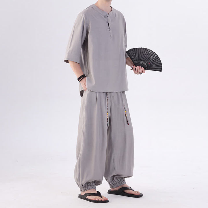 Buddha Stones 春夏 唐風 カエルボタン 無地 肘丈袖シャツ パンツ メンズ 瞑想服 ポケット付き - image 16