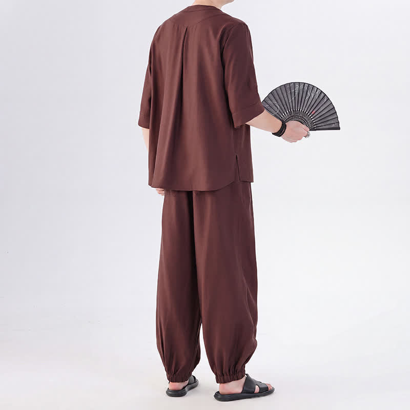 Buddha Stones 春夏 唐風 カエルボタン 無地 肘丈袖シャツ パンツ メンズ 瞑想服 ポケット付き - image 33