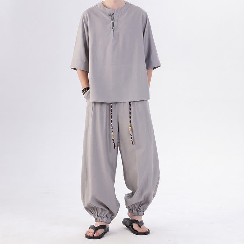 Buddha Stones 春夏 唐風 カエルボタン 無地 肘丈袖シャツ パンツ メンズ 瞑想服 ポケット付き - 銀 - US/UK/AU46、 EU56 (5XL) - image 11