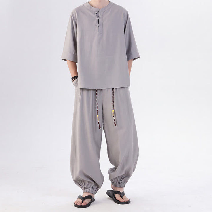 Buddha Stones 春夏 唐風 カエルボタン 無地 肘丈袖シャツ パンツ メンズ 瞑想服 ポケット付き - 銀 - US/UK/AU46、 EU56 (5XL) - image 11