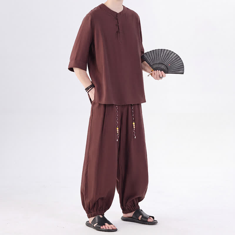 Buddha Stones 春夏 唐風 カエルボタン 無地 肘丈袖シャツ パンツ メンズ 瞑想服 ポケット付き - image 31