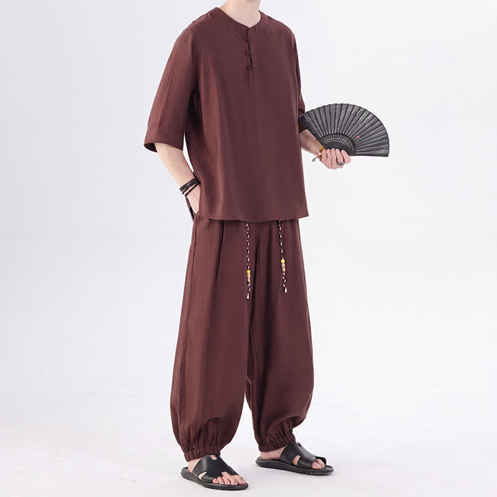 Buddha Stones 春夏 唐風 カエルボタン 無地 肘丈袖シャツ パンツ メンズ 瞑想服 ポケット付き - image 31