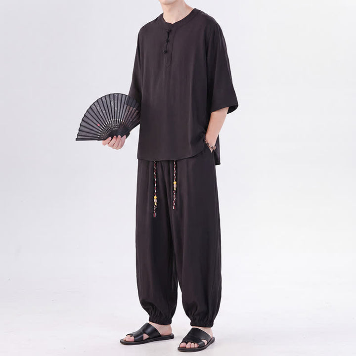 Buddha Stones 春夏 唐風 カエルボタン 無地 肘丈袖シャツ パンツ メンズ 瞑想服 ポケット付き - image 26