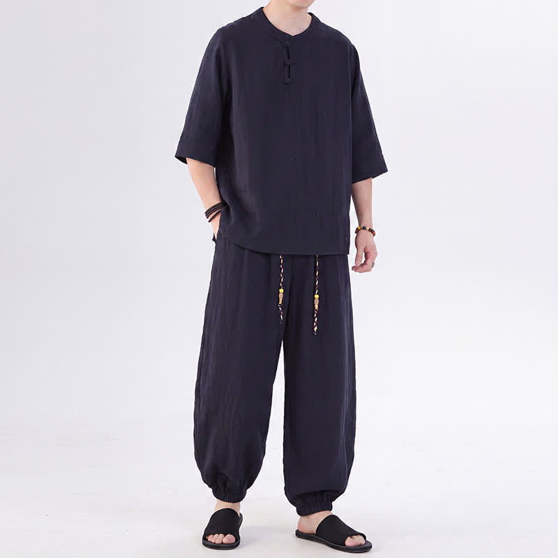 Buddha Stones 春夏 唐風 カエルボタン 無地 肘丈袖シャツ パンツ メンズ 瞑想服 ポケット付き - image 47