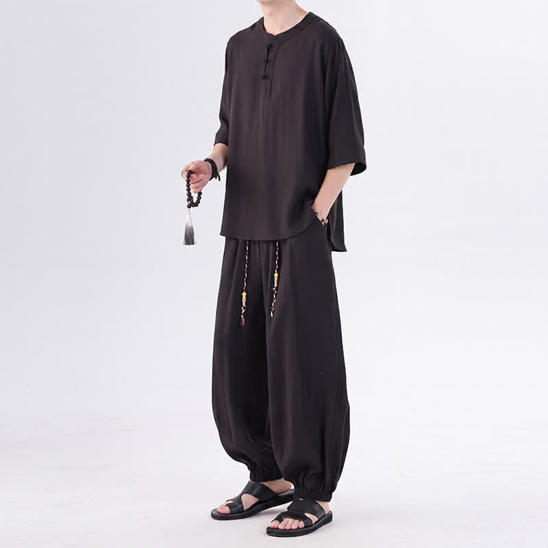 Buddha Stones 春夏 唐風 カエルボタン 無地 肘丈袖シャツ パンツ メンズ 瞑想服 ポケット付き - image 23