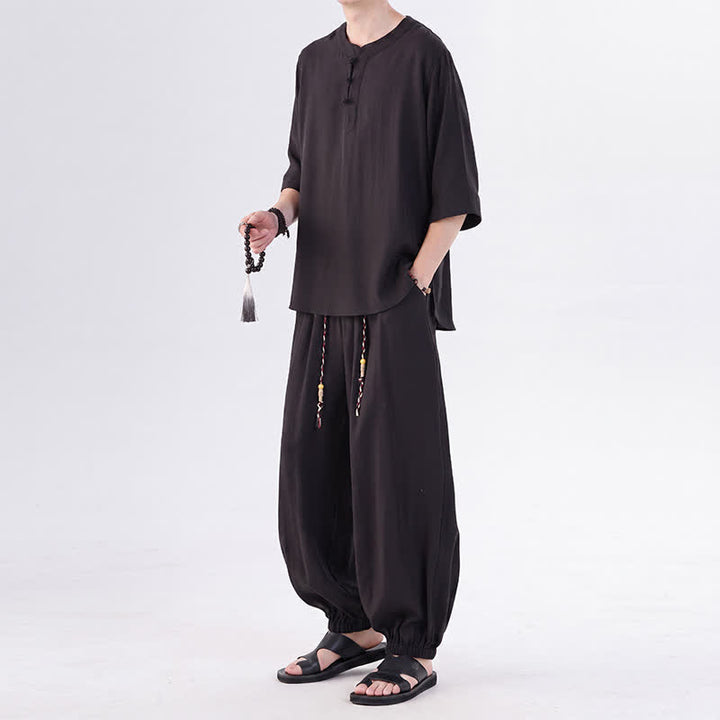 Buddha Stones 春夏 唐風 カエルボタン 無地 肘丈袖シャツ パンツ メンズ 瞑想服 ポケット付き - image 23