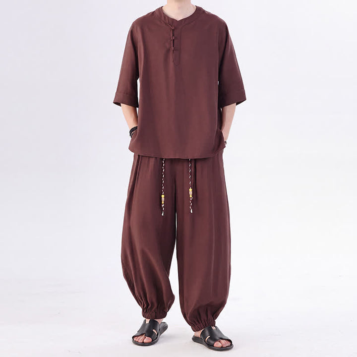 Buddha Stones 春夏 唐風 カエルボタン 無地 肘丈袖シャツ パンツ メンズ 瞑想服 ポケット付き - シエナ - US/UK/AU46、 EU56 (5XL) - image 30
