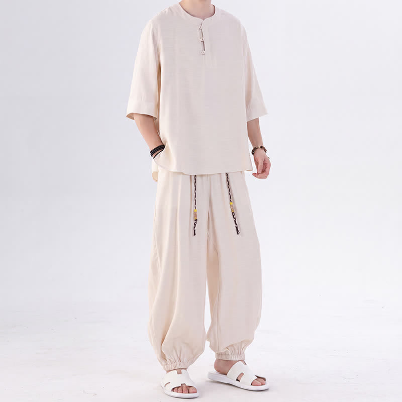 Buddha Stones 春夏 唐風 カエルボタン 無地 肘丈袖シャツ パンツ メンズ 瞑想服 ポケット付き - image 5