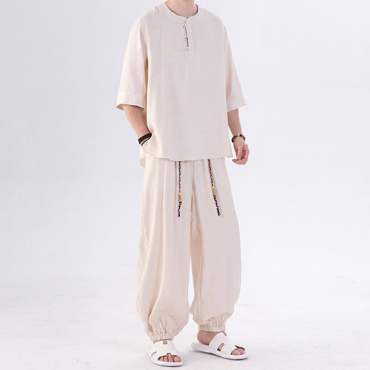 Buddha Stones 春夏 唐風 カエルボタン 無地 肘丈袖シャツ パンツ メンズ 瞑想服 ポケット付き - image 5