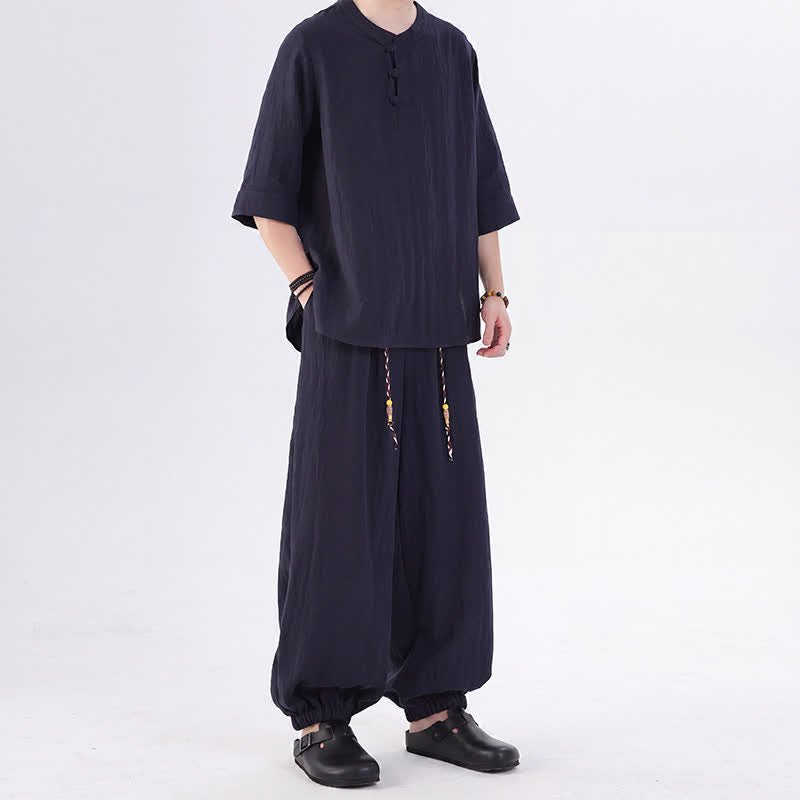 Buddha Stones 春夏 唐風 カエルボタン 無地 肘丈袖シャツ パンツ メンズ 瞑想服 ポケット付き - image 48