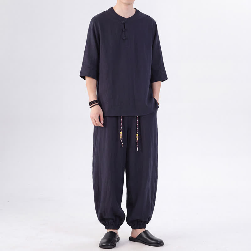 Buddha Stones 春夏 唐風 カエルボタン 無地 肘丈袖シャツ パンツ メンズ 瞑想服 ポケット付き - image 46