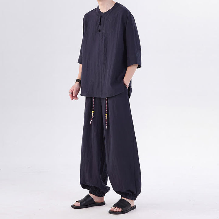 Buddha Stones 春夏 唐風 カエルボタン 無地 肘丈袖シャツ パンツ メンズ 瞑想服 ポケット付き - image 49