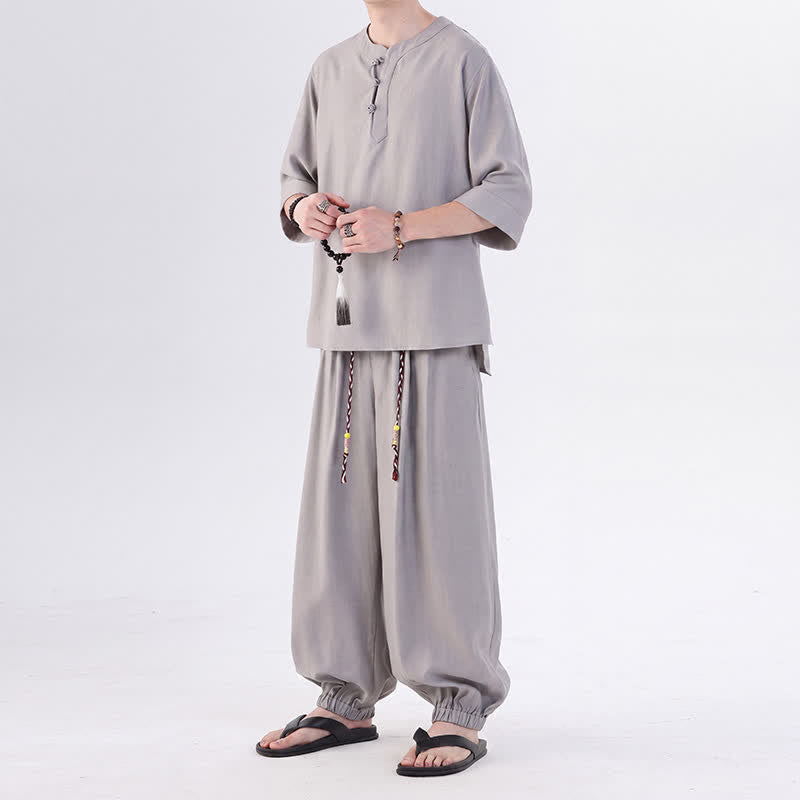 Buddha Stones 春夏 唐風 カエルボタン 無地 肘丈袖シャツ パンツ メンズ 瞑想服 ポケット付き - image 19