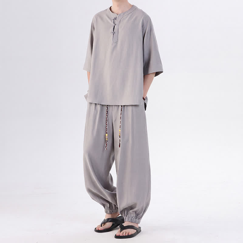 Buddha Stones 春夏 唐風 カエルボタン 無地 肘丈袖シャツ パンツ メンズ 瞑想服 ポケット付き - image 12